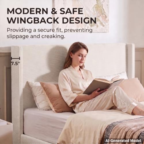 Queen Bed Frame with Storage Drawers, Corduroy Bed with Headboard, Cream