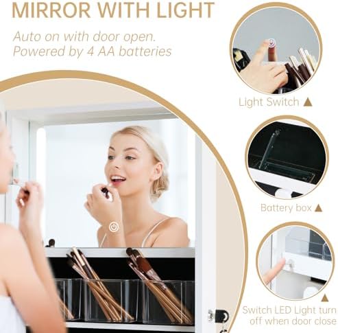 Arched Swivel Jewelry Cosmetics Armoire Cabinet Standing with Full Length Mirror, Lockable Jewelry Organizers Storage with 3 Color LED Lights & Interior Vanity Mirror Rear Storage Shelves White