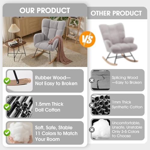 Nursery Rocking Chair, Teddy Upholstered Glider Chair with Thick Cushion, Tufted Gliding Rocker Chair with Wood Leg, Cozy Rocking Armchair, Accent Rocking Chair for Living Room (Light Gray)