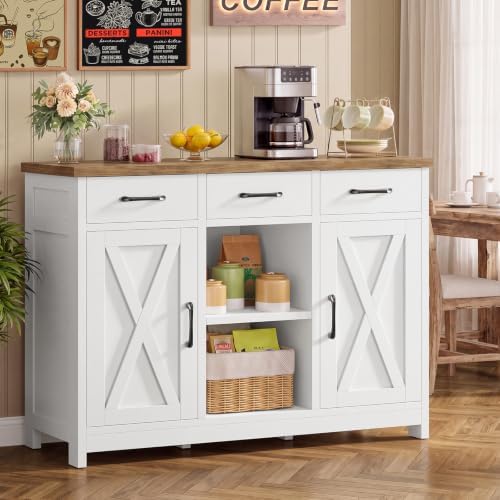 TEENFON Storage Cabinet, Coffee Bar Cabinet with 3 Drawers, 2 Adjustable Shelves & 2 Doors, Buffet Cabinet, Kitchen Cabinet for Kitchen, Dining Room, Living Room, White