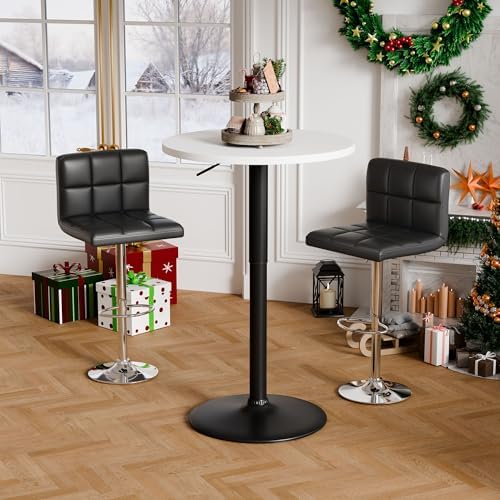 Flamaker Round Bistro Pub Table 23.6 Inch Height Adjustable 360° Swivel Bar Table Metal Base for Pub, Dining Room, Party (4, White-Black)