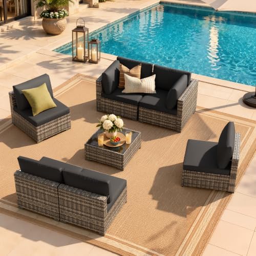 LOUVIXA 7 Piece Outdoor Patio Furniture Set, Outdoor Sectional Sofa, Wicker Rattan Patio Furniture, Patio Conversation Set with Coffee Table & Cushions