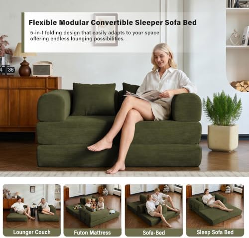 59" Convertible Sofa Bed, Boneless Sleeper Futon Couch for Small Spaces