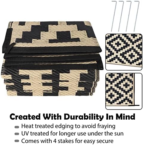 SAND MINE Reversible Mats, Plastic Straw Rug, Modern Area Rug, Large Floor Mat and Rug for Outdoors, RV, Patio, Backyard, Deck, Picnic, Beach, Trailer, Camping, Black & Beige, 6' x 9'