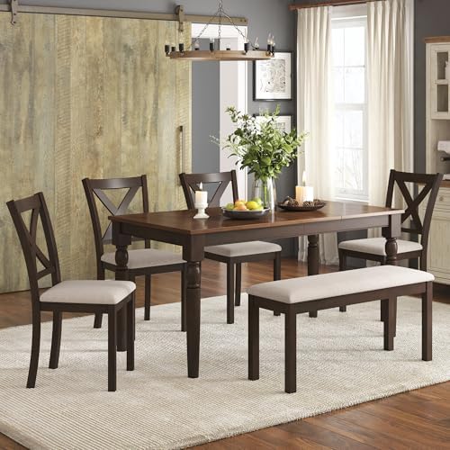 AMERLIFE 6 Piece Farmhouse Dining Set with 60" Solid Wood Table, Brown