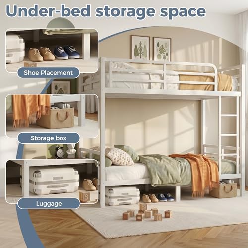 Bunk Bed Twin Over Twin, Heavy Duty Metal Twin Bunk Beds for Teens and Adults, Noise-Free Design Bunkbeds with Ladder, Guardrail for Bedroom, Dorms and Apartment (White, Twin Over Twin)