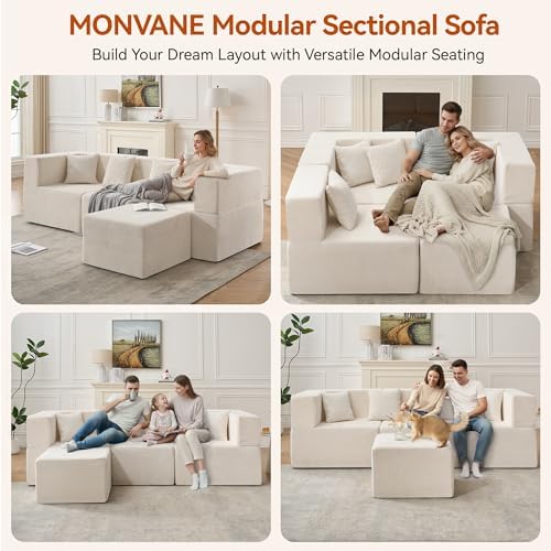 MONVANE 103'' Modular Sectional Sofa, Cloud Sectional Couch with Ottoman, Convertible Chenille L Shaped Couch with Deep Seat, Sectional Couches for Living Room Bedroom, No Assembly Required, Beige