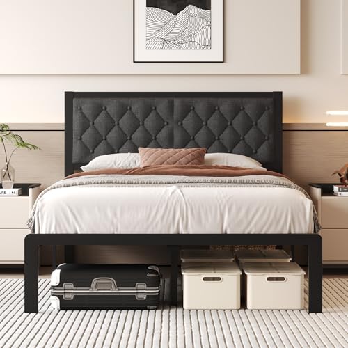 Fluest Full Bed Frame with Headboard Linen Upholstered Bed Frame Platform,All Metal Slats Support Platform Bed Frame with Storage Space,Easy Assembly,Noise Free,No Box Spring Needed,Grey