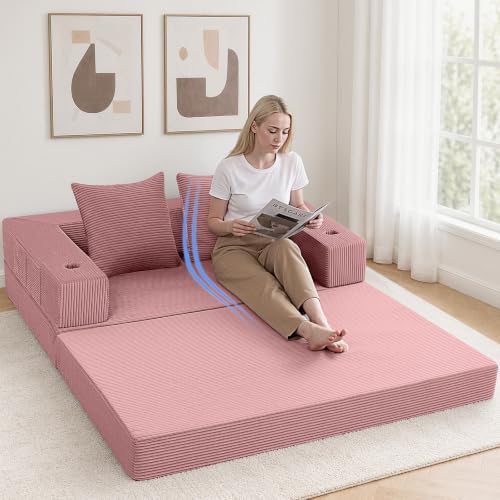 COMAX Boneless Futon Sofa Bed, 59" Small Low-Profile Floor Couch, Pink