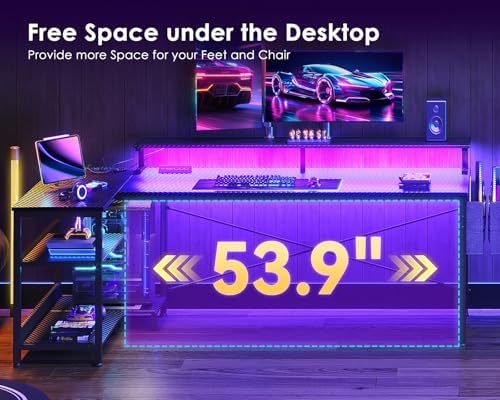 ODK 66 Inch L Shaped Gaming Desk with LED Lights, Power Outlets, Black