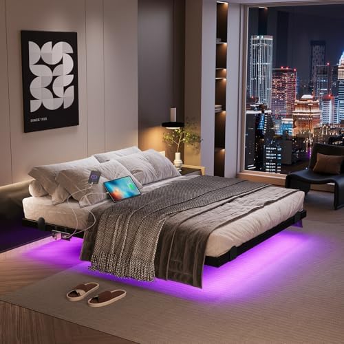 AGXI Floating Bed Frame with LED Lights and Charging Station, 10 Inch Queen Floating Bed Frame, Queen Platform Bed Frame, No Box Spring Needed, Easy to Assemble