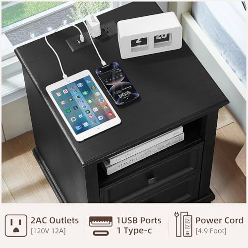 SAVOR LIFE Farmhouse Nightstand Set of 2 with Charging Station, Black