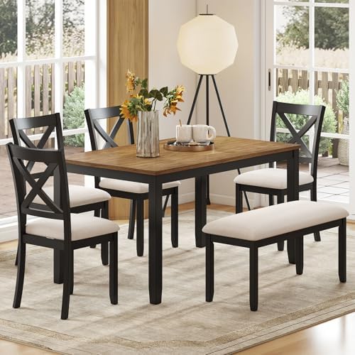 Zevemomo 6-Piece Solid Wood Dining Table Set, Farmhouse Wooden Legs, Black