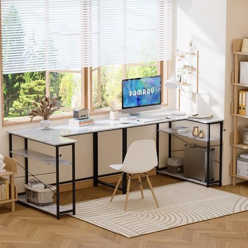Pamray 43 Inch L Shaped Computer Desk with Reversible Side Storage Shelves, Small Corner Desk for Small Space Home Office,Writing Study Table PC Desk for Bedroom,White Marble