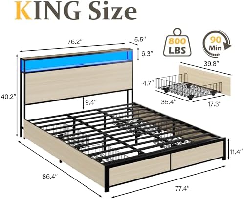Lifezone King Bed Frame with 2-Tier Storage Headboard, Metal Platform Bed Frame with 4 Storage Drawers, Built in Charging Station & LED, Noise-Free/Metal Support/No Box Spring Needed, Beige
