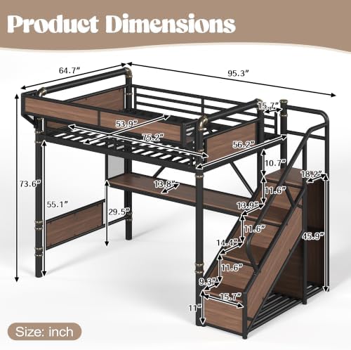 KEIKI Full Size Metal Loft Bed Frame with Storage Staircase, Desk, Black