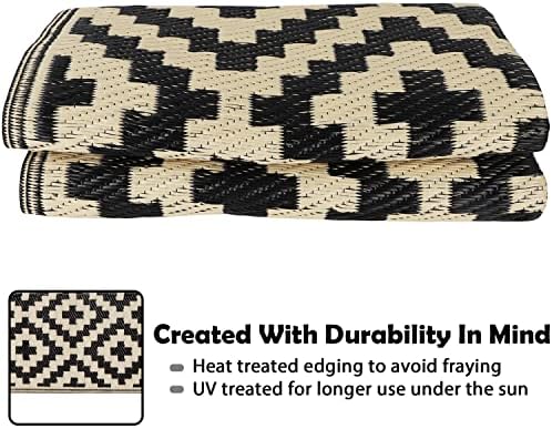 SAND MINE Reversible Mats, Plastic Straw Rug, Modern Area Rug, Large Floor Mat and Rug for Outdoors, RV, Patio, Deck, Beach, Camping (Black & Beige Lattice, 4' x 6', -3% to 5% Size Variance)