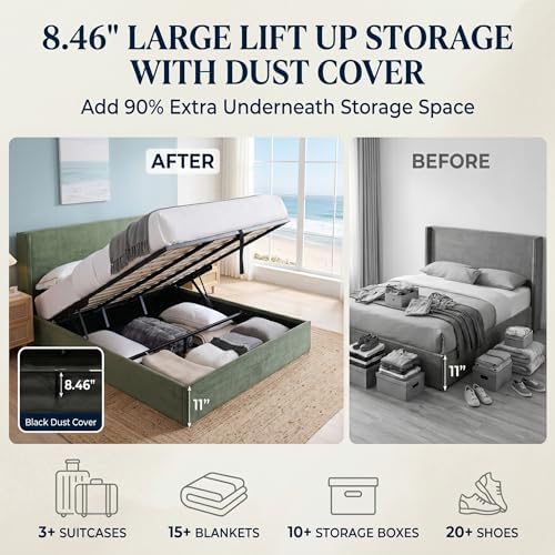 King Lift Up Storage Bed, Corduroy Platform Bed with Headboard, Turtle