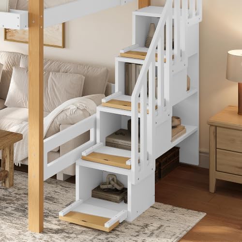 KEIKI Full Size Wooden Loft Bed Frame with Staircase, Clothes Hook, White