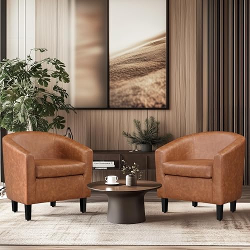 Yaheetech Accent Chairs Set of 2, Faux Leather Barrel Armchairs Brown