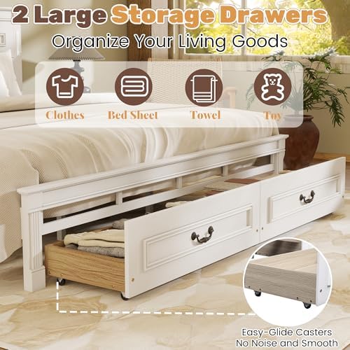 King Bed Frame with 46" Tall Headboard, Farmhouse Solid Wood King Size Platform Bed with 2 Storage Drawers,LED Lights & USB Charging Station,No Box Spring Needed, White
