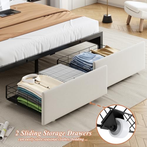 Full Size Bed Frames with Storage Headboard and 2 Drawers, Upholstered Platform Bed Frame Full with Led Lights and Handy Charging Station, No Box Spring Needed, Easy Assembly, Noise Free, Beige