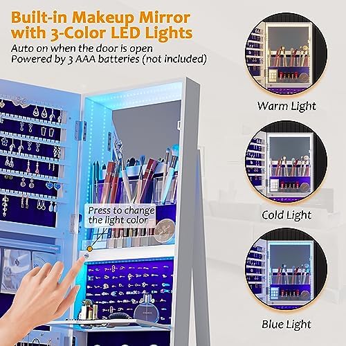 360° Swivel Jewelry Cabinet Organizer with Lights, Full Length Mirror with Jewelry Storage, Lockable Standing Jewelry Armoire Organizer, Mirror Jewelry Cabinet with Inside Makeup Mirror (White)