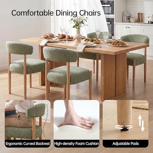 VKNOW Upholstered Dining Room Set for 6, Mid-Century Modern Dining Chairs Set of 4 and Dining Bench with Rubberwood Legs, for Dining Room, Living Room, Kitchen, Green