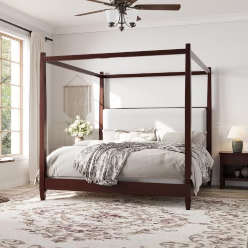 King Size Wood Canopy Bed Frame, Espresso Vintage Four-Posters Platform Bed