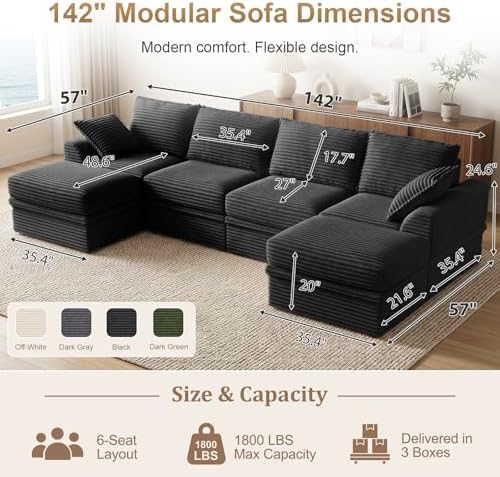 142" Upgraded Boneless Couch with Storage, Modular Sectional Couches for Living Room, Oversized Deep Seat 6-Seat U Shaped Cloud Sofa with Ottoman & Pillows,Corduroy,No Assembly (Black)