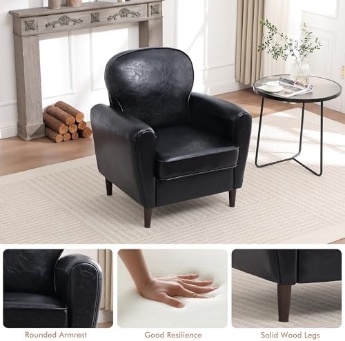 Accent Chair, Faux Leather Mid Century Modern Arm Chairs with Thick Cushion and Back, Comfy Upholstered Reading Chair Single Sofa Chair for Living Room, Bedroom, Club, Black