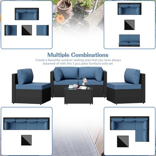 5 Piece Outdoor Patio Furniture Set with Black PE Rattan, Navy Blue