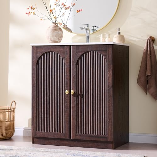 IFBUY 30 Inch Arched Bathroom Vanity with Sink, Fluted Design, Dark Walnut | Modern Bathroom Vanity Cabinet w/Adjustable Storage Shelf, Freestanding Single Bathroom Vanity w/Ceramic Basin, Space-Saving