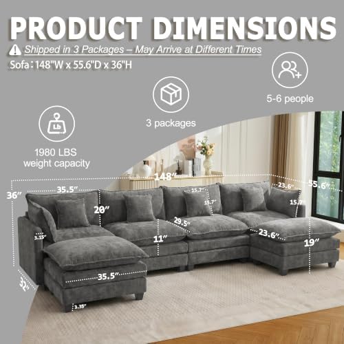 148" Modular Sectional Sofa, U Shaped Cloud Couch with 2 Ottomans