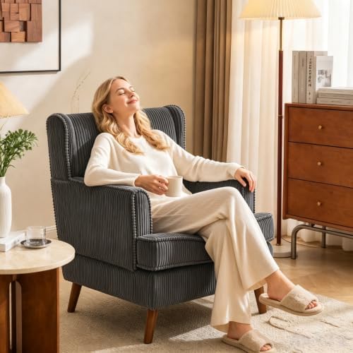 VINGLI 26" Wingback Accent Chair, Corduroy Armchair for Bedroom Living Room