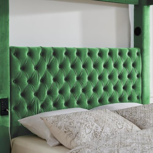 LUMISOL Canopy Bed Frame Queen Size, Velvet Upholstered Platform Bed with Button Tufted Headboard, Four Posters, Built-in Speaker and Charging Station, Heavy Duty Mattress Foundation, Green