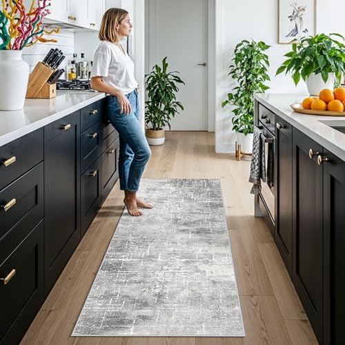 Washable Abstract 2x6 Kitchen Rug: Non-Slip Sink Stove Floor Mat Water-Resistant Entryway Bathroom Carpet Soft Dining Room Bedroom Runner for Family with Elderly Dogs Modern Home Decor(2x6 Light/Grey)
