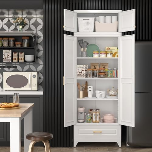 SteeLoong 90" Metal Storage Cabinet with Doors and 3 Adjustable Shelves | Kitchen Pantry Cabinet with 3 Drawers,White Kitchen Cabinet with 4 Gold Handles,Food Cupboard for Livingroom,Pantry, Bathroom