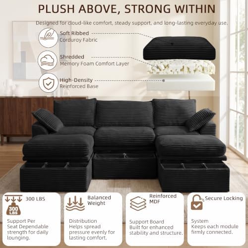 Modular Sectional Cloud Couch for Living Room, Corduroy 5-Seat U Shaped Upgraded Boneless Couch with 2 Ottomans, Throw Pillows, Memory Foam Sofa,Deep Seat,Compressed Box,No Assembly (107"-Black)