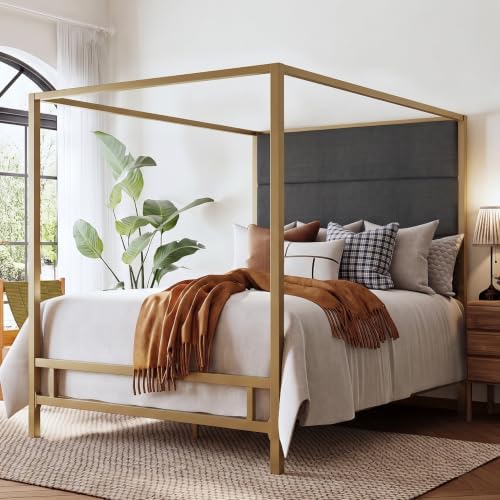 Merax Queen Canopy Bed Frame with Tall Linen Headboard, Metal 4 Poster Bed