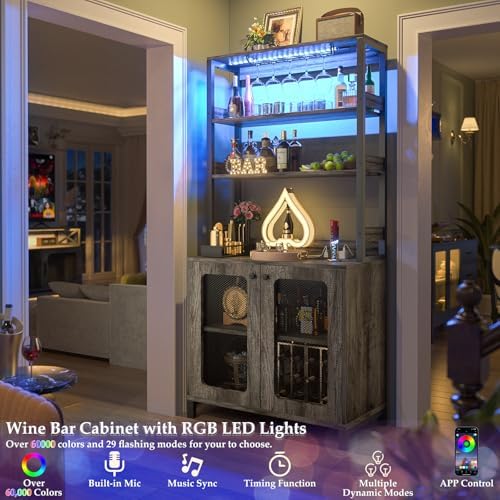 Aheaplus Bar Cabinet with Power Outlets,67" Tall Wine Bar Cabinet,Black Oak