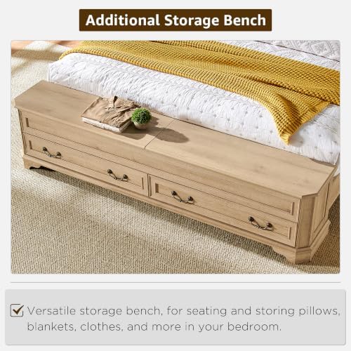 T4TREAM Farmhouse King Bed with Headboard and Storage Bench, Natural Oak