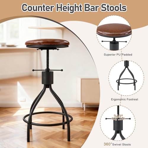 Karl home 83.8" Bar Table and Chairs Set, 4 Adjustable PU Stools, Brown