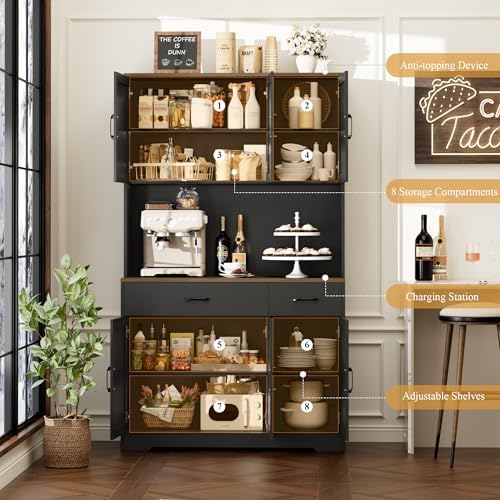 HOSTACK 71"H Kitchen Pantry Storage Cabinet, Farmhouse Hutch Cabinet, Black