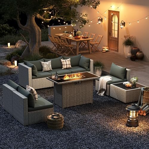 Outdoor Patio Furniture Set with Fire Pit 8 Pcs Wicker Sectional Sofa Green