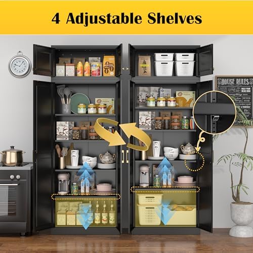 Steeloong 86"Metal Pantry Storage Cabinet with Doors & 4 Adjustable Shelves | Kitchen Pantry Cabinet,Black Kitchen Cabinet with 4 Gold Handles,Tall Cabinet for Livingroom,Pantry, Bathroom,Kitchen,Garage