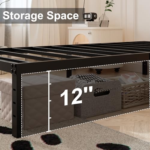 Maenizi 14 Inch King Size Bed Frame with White Fabric Cover, Heavy Duty King Platform Bed Frame Support Up to 3000 lbs, No Box Spring Needed, Easy Assembly, Noise Free, Black