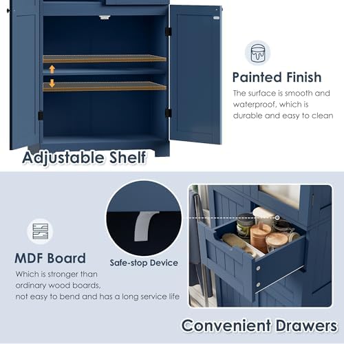 BOTLOG 67'' Tall Bathroom Storage Cabinet, Linen Cabinet with Glass Doors and Adjustable Shelves, Kitchen Pantry with 2 Drawers for Bathroom, Living Room, Dining Room, Blue | 2 Drawers, Linen Bathroom Cabinet with Glass Doors and Shelves for Living Roo...