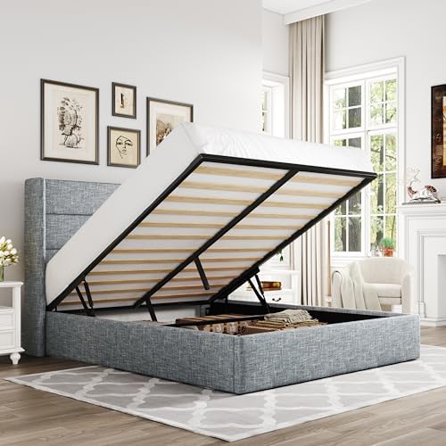 Allewie Full Size Lift Up Hydraulic Storage Bed Frame Blue Grey
