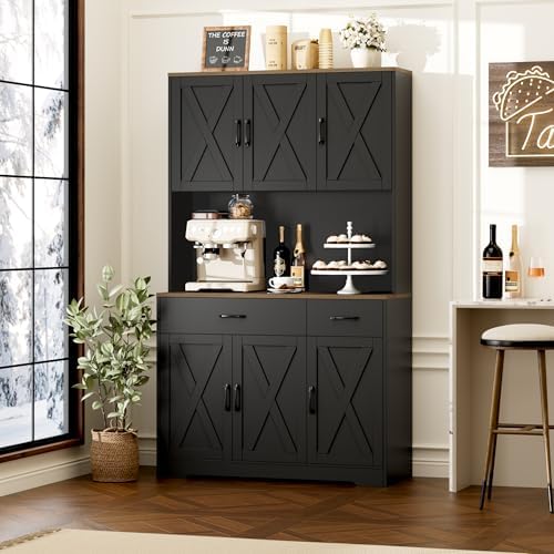 HOSTACK 71"H Kitchen Pantry Storage Cabinet, Farmhouse Hutch Cabinet, Black